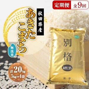 【毎月定期便】あきたこまち 無洗米 20kg(5kg×4袋)全9回【配送不可地域：離島・沖縄県】【4080831】