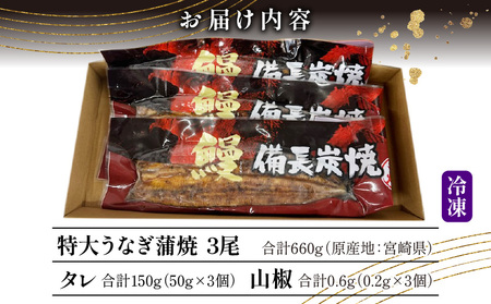 うなぎ 蒲焼 うなぎ[国産 3尾 備長炭手焼き 660g]