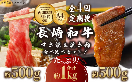 【4回定期便】長崎和牛 すき焼き・焼肉 セット 1kg×4回 計4kg /長崎県産和牛 牛肉 国産牛【川下精肉店】 [OAA011]