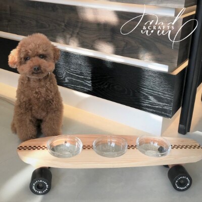 【＆CRAFTS】Pet bowls stand−3BOWLS−(Black)※名入れプレート付き【1257967】