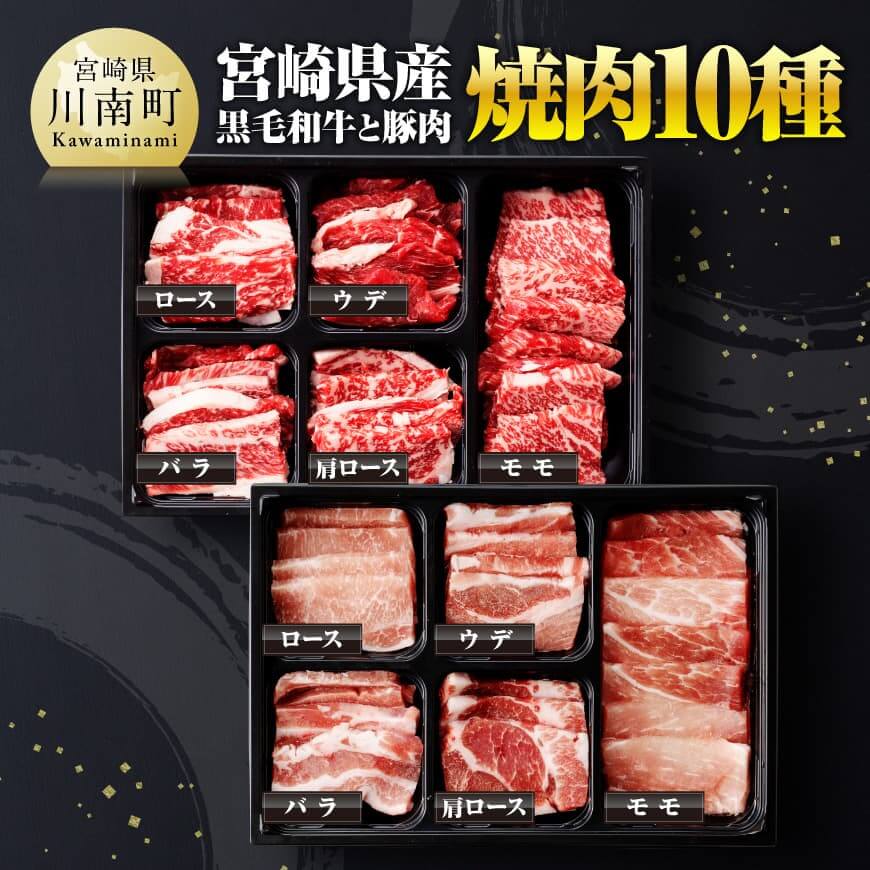 【ふるさと納税】※レビューキャンペーン※宮崎県産 黒毛和牛と 豚肉 焼肉 10種 - 肉 牛肉 国産 国産牛 黒毛和牛 豚肉 ぶた肉 ミヤチク カタロース バラ モモ ウデ ロース 焼肉 セット BBQ バーベキュー 食べ比べ 宮崎県 川南町 送料無料 D00624