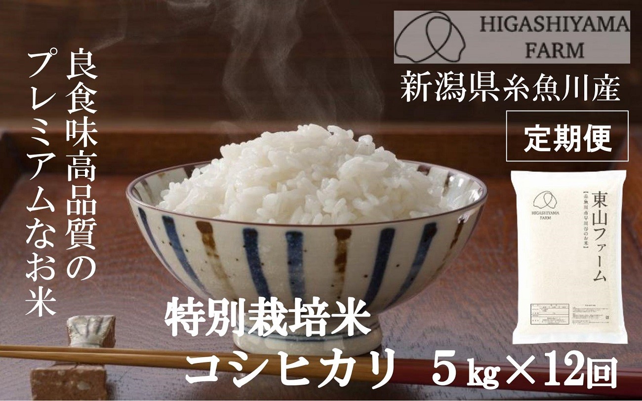 
                  令和8年産新米【定期便】コシヒカリ 5kg×12回 計60kg 新潟県糸魚川産 良食味高品質 安全安心なプレミアムなお米 特別栽培米 毎月お届け 今ずり米 こだわりの従来コシヒカリ 白米 農家直送 2026年産 東山ファーム【米 こしひかり お米 ご飯 ライス ふるさと納税米 ギフト おすすめ 人気 お弁当 おにぎり 12か月 12ケ月 12ヶ月 12カ月 5キロ 精米 食品】
                