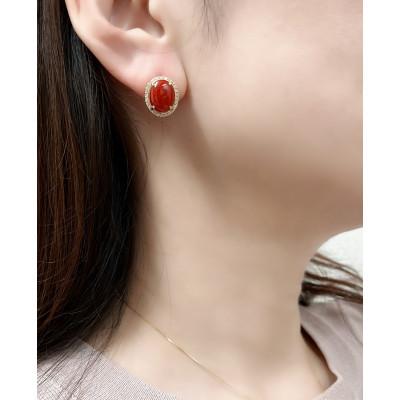 ふるさと納税 山梨県 K18イエローゴールド 血赤 珊瑚 オーバル ダイヤ ピアス【PE-3125】 |  | 02