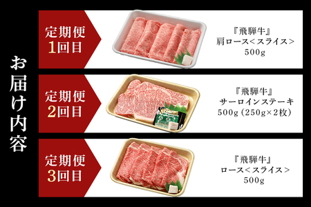 【冷蔵配送】【3回定期便】飛騨牛食べ比べ定期便 A5 飛騨牛 カタロース スライス 飛騨牛サーロイン ステーキ 飛騨牛 ロース スライス 各500g 計1.5kg 牛肉 しゃぶしゃぶ すき焼き ステー