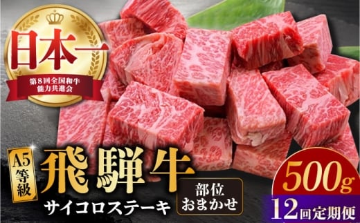 【12回定期便】【 飛騨牛】A5等級 サイコロステーキ 部位おまかせ 500g 和牛 ブランド牛 国産 牛肉 多治見市 / 渡辺精肉店 [TAZ041]