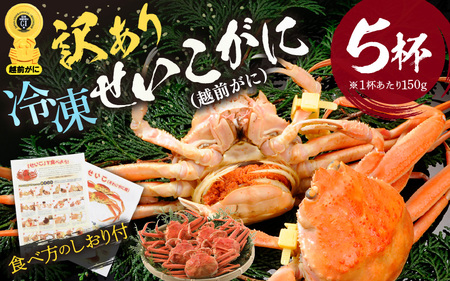 【訳あり】急速冷凍  ボイル越前蟹 「せいこがに」 5杯 越前町 [e15-b009]
