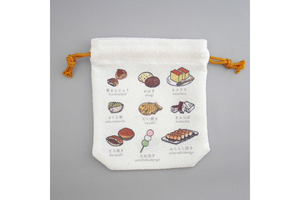 丹後ちりめん　にほんご巾着「wagashi（和菓子）」 サイズ：約13.5cm×17.5cm