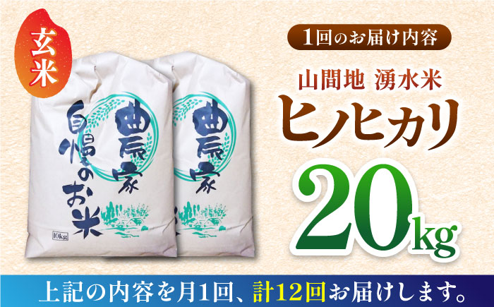 【全12回定期便】山間地 湧水米 ヒノヒカリ 玄米 20kg【「のん気・元気」百姓家】 [YAL012]