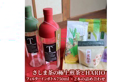 水出しでおもてなし！さしま茶の極上煎茶とHARIOフィルターインボトル750ml×２本の詰め合わせ | 飲みくらべ お茶 茶 緑茶 茶葉 日本茶 煎茶 さしま茶 猿島茶 和紅茶 ほうじ茶 粉末 七福茶 飲み比べ 詰合せ 詰め合わせ アソート 取り寄せ お取り寄せ ギフト 贈答 贈り物 プレゼント お中元 お歳暮 茨城県 古河市 直送 農家直送 産地直送 _BA04
