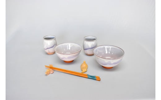 萩焼 萩むらさき福の器揃い(ご飯茶碗・湯呑・鶴亀箸置きセット)