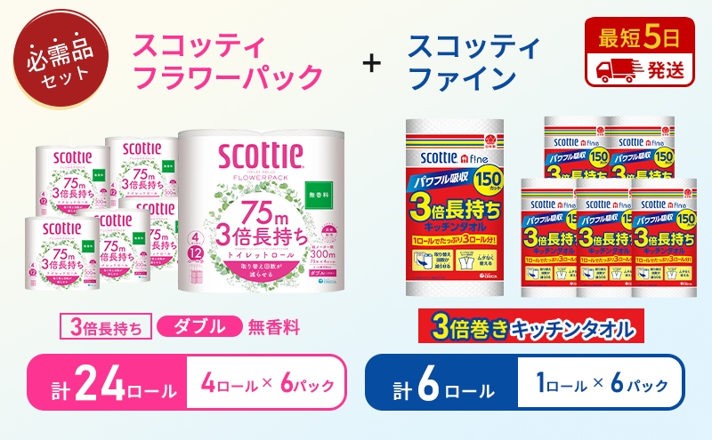 
                  キッチンペーパー 6パック入 スコッティ ファイン 1ロール 3倍 150カット トイレットペーパー ダブル 24ロール ( 4ロール × 6パック ) フラワーパック[№5704-1764]
                