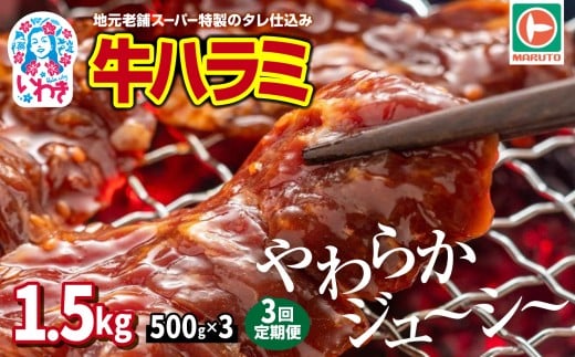 【定期便/計3回】味付き牛ハラミ　1.5kg（500g×3パック）毎月定期便 | 特製タレ 焼くだけ 手作業で加工 焼肉 お取り寄せ バーベキュー ふるさと納税はらみ ふるさと納税ハラミ 柔らかい やわらかい 父の日 | EQ033‐t3