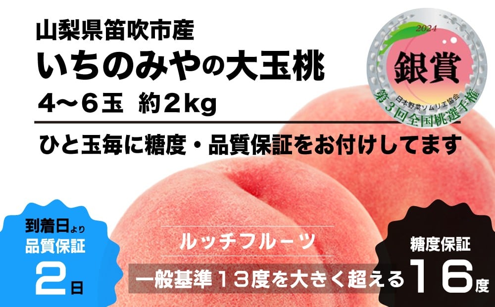 
            【全玉糖度16度保証付】一宮の大玉桃 4〜6玉 約2kg　全国桃選手権『銀賞』受賞桃＜数量限定＞美味しいフルーツだけをお届けします【ルッチ Rucci】産地直送 山梨県 笛吹市 糖度 品質 保証 ジューシー 桃 もも ピーチ 新鮮 旬 くだもの 果物 フルーツ 人気 ランキング リピート 高評価 ギフト 贈答 贈り物 化粧箱  先行予約 期間限定 104-068
          