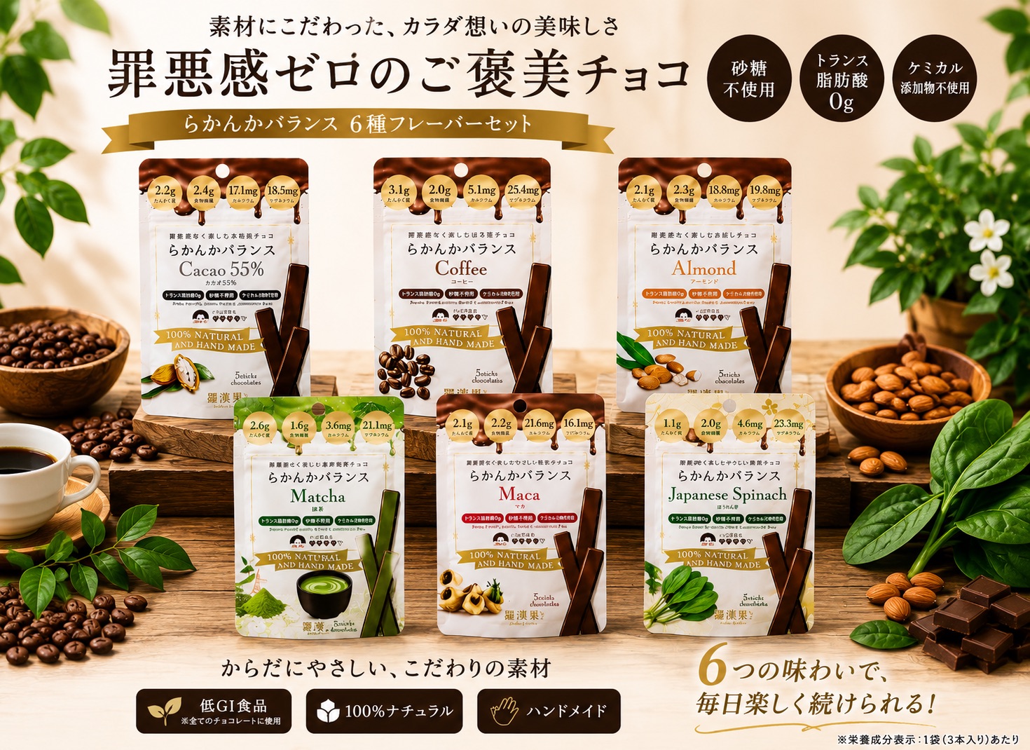 《カカオ味比べ6種》らかんかバランス 3本入 6種 セット｜羅漢果 低GI 抗酸化力 腸内環境 オーガニック フェアトレード プロテイン入り トランス脂肪酸ゼロ コレステロール0 砂糖 加工油脂 合成