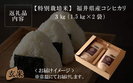 【令和5年産】【特別栽培米】福井県産 コシヒカリ 1.5kg × 2袋  計3kg (玄米) ～化学肥料にたよらない100%の有機肥料～ ネオニコフリー スタンドパック【保存に便利】 [A-13407