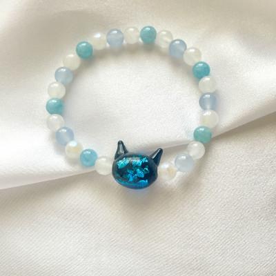 ふるさと納税 奈良市 光る猫玉とアクアマリンの天然石ブレスレット(レディースサイズ)