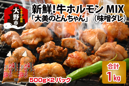 大美のとんちゃん（ミックス）牛ホルモン ミックス 味噌ダレ 1kg（500g×2パック）鶏 おかず 冷凍