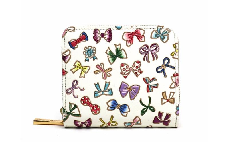 【文庫屋大関】二つ折りファスナーミニ財布 プチリボン【皮革工芸品】財布 二つ折り 小物 お札 カード 小銭 コンパクト 牛革 手作り 日本製 墨田区 東京都