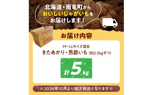 【先行予約】2026年9月下旬発送 北海道産 じゃがいも食べ比べセット 「きたあかり・男爵」 5kg  ジャガイモ 芋 いも 秋野菜 季節の野菜 直送農場 北海道雨竜町産 サイズ混同 野菜 U012-0005