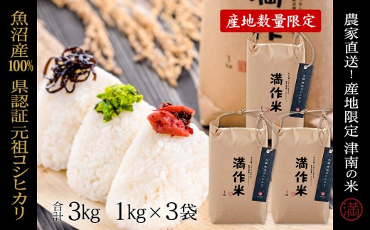 米 3kg ( 1kg × 3袋 ) 令和7年産 魚沼産 コシヒカリ 県認証米 満作米 | ブランド米 こしひかり お米 おこめ こめ コメ おすすめ 人気 白米 精米 新潟県 津南町