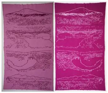ブランケット大判リバーシブル大江町の風景柄（長さ155cm×巾95cm）ピンク×ワイン 031-019-PI_WI