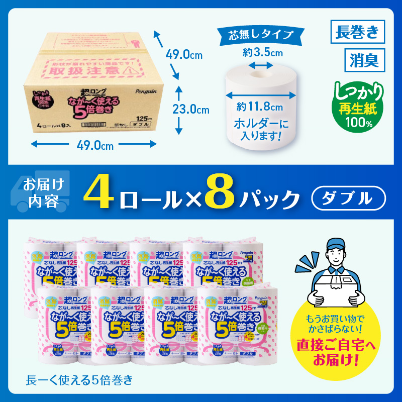 ペンギン芯なし超ロング再生紙125ｍ4Ｒダブル5倍長巻きトイレットペーパー エコ 長持ち(a1753)