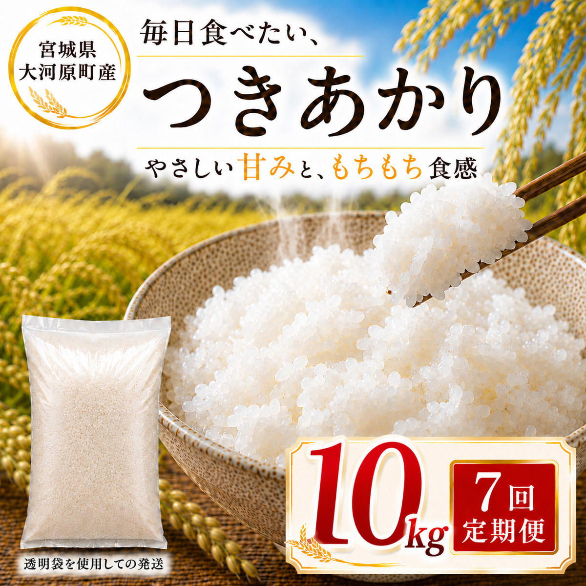 つきあかり 定期便 7回/10kg（5kg×2袋） 令和8年産 新米 ブランド米 白米 精米 【小分け】 宮城県大河原町産