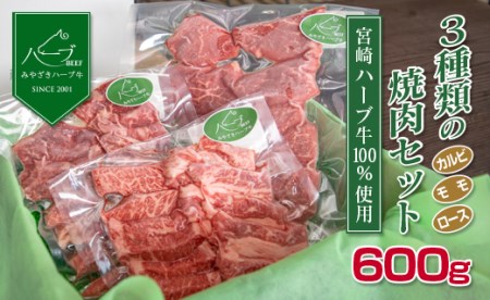 ＜宮崎ハーブ牛＞合計600g（3種類の焼肉セット）【B364】