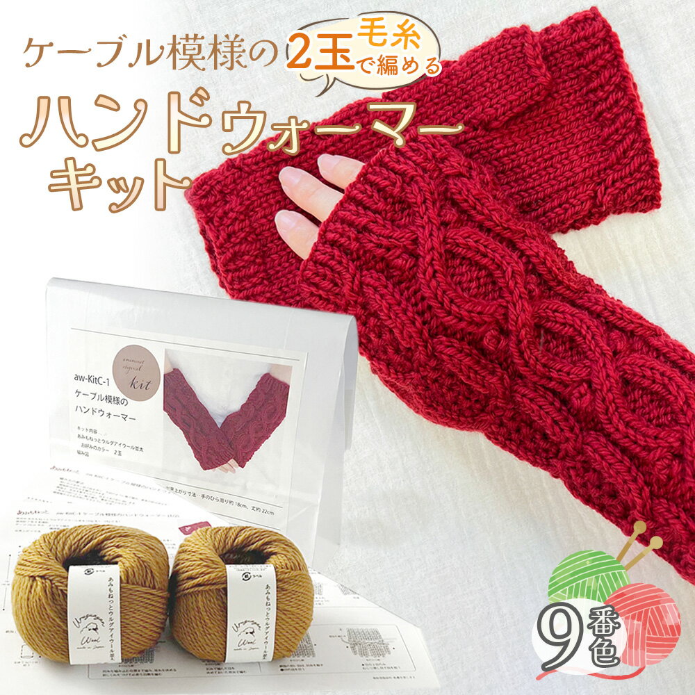 【ふるさと納税】毛糸 2玉で編めるケーブル模様のハンドウォーマーキット 9番色 ／ 編み物キット 指なし手袋 手編み 毛糸 ウール100％ 並太毛糸 模様編み 冬小物 手元アイテム ハンドメイド 趣味 手作り 編み図付き 愛知県 No.343
