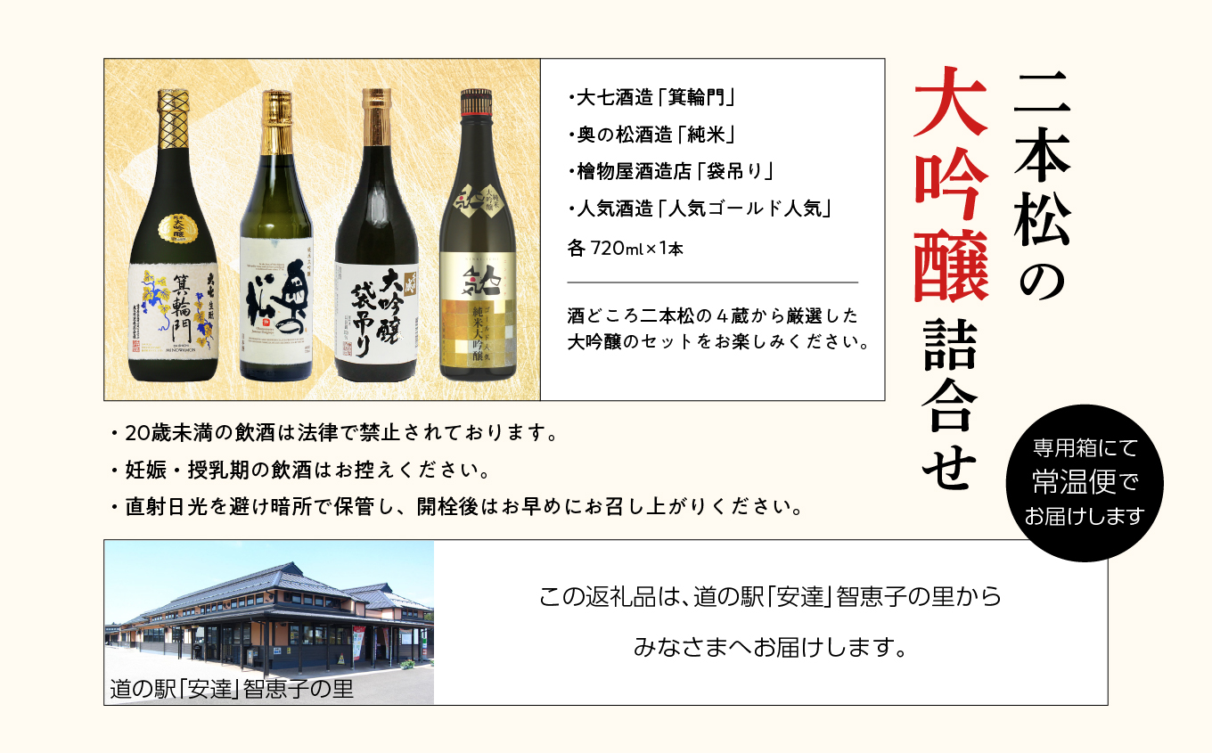 二本松の大吟醸詰合せ 大七酒造「箕輪門」奥の松酒造「純米」檜物屋酒造店「袋吊り」人気酒造「人気ゴールド人気」720ml×4種 【道の駅安達】