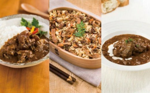 ★７日以内発送！発送月も選べる！厳選素材・保存料・化学調味料・食品添加物不使用！「山形村短角牛レトルト3点セット」国産 牛 ビーフシチュー ごはんの素 炊き込みご飯 すじ肉 ごろごろ カレー 簡単 調理 便利 湯煎 長期保管 2年