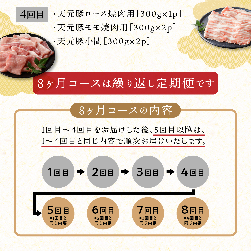 【定期便】 8ヶ月定期便 天元豚 セット 全8回 豚肉 ロース バラ 小間 モモ 挽き肉 便利 小分け 冷凍 豚肉 しゃぶしゃぶ 焼肉 とんかつ 定期 コース 食べ比べ 詰め合わせ ブランド豚 ロース