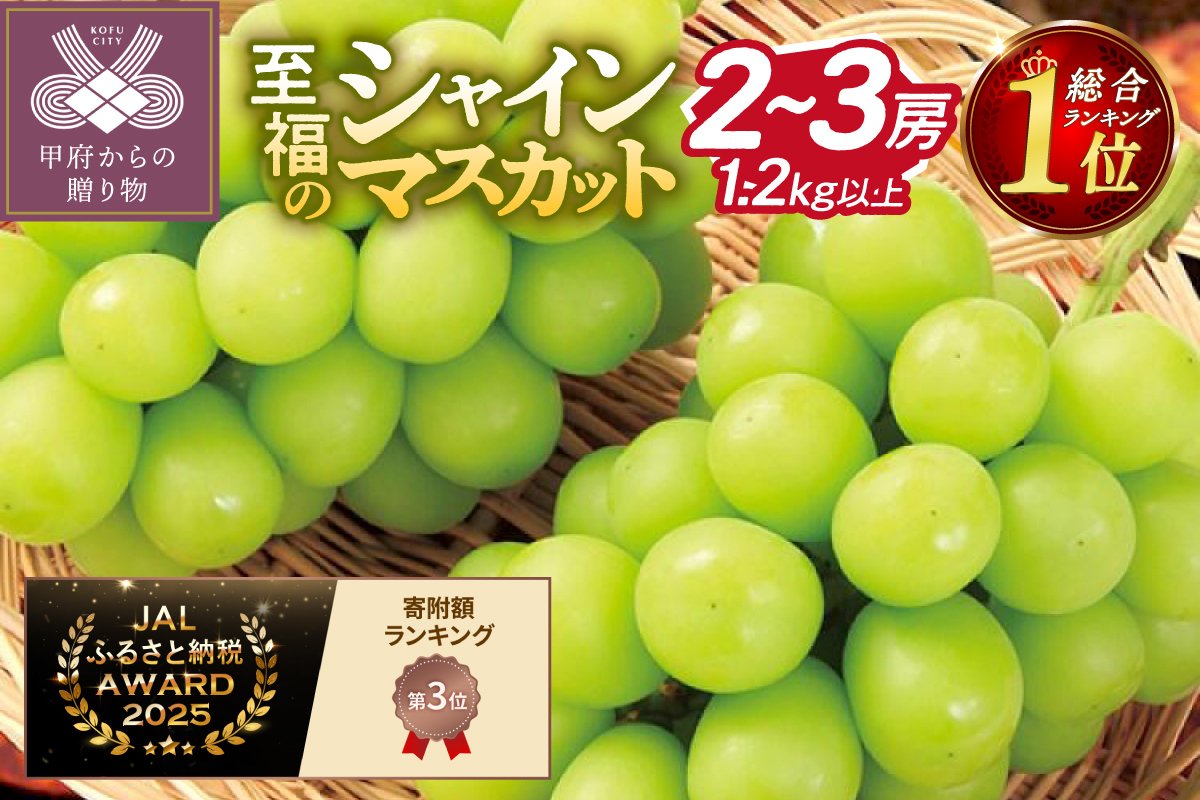 【総合1位獲得!!】〈2027年度配送分〉至福の山梨県産シャインマスカット 2～3房（1.2kg以上）