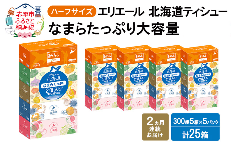 定期便 2ヵ月連続お届け エリエール ハーフサイズ 収納に便利 コンパクト 少量5パック [アソートX] 北海道ティシュー 300組 5箱×5パック 計25箱 なまらたっぷり 大容量  防災 常備品 備蓄品 消耗品 日用品