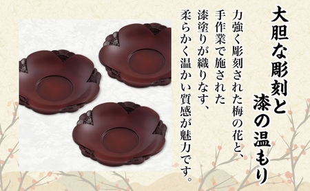 桐箱入 鎌倉彫 茶托 梅 2枚セット 皿 工芸品 木製 梅うめ お茶 お茶菓子 草花 絵柄 彫刻 木 プレート キッチン雑貨 ファミリー 来客用 取り皿 カフェ風食器 取り皿 プレゼント 茜工房 送料