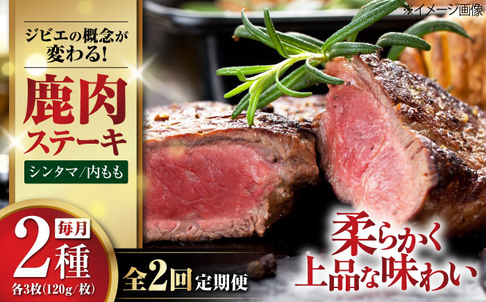 
【全2回定期便】【モモ肉】 鹿肉 ステーキ2種セット（シンタマ120g×3枚・内もも120g×3枚）《喜茂別町》【EBIJIN】 ジビエ 鹿 モモ セット ステーキ 赤身 冷凍 冷凍配送 定期便 [AJAO006]
