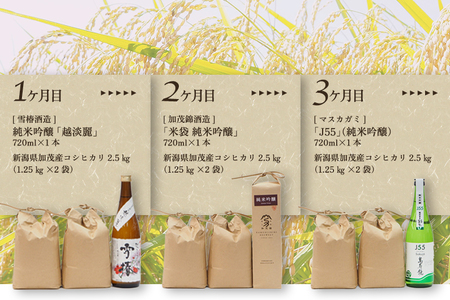【定期便12ヶ月毎月お届け】新潟加茂の地酒（720㎖×12本）と新潟県加茂市産コシヒカリ（2.5㎏×12回）のセット 日本酒 お酒 雪椿酒造 加茂錦酒造 マスカガミ お米 こしひかり 白米 精米 新潟