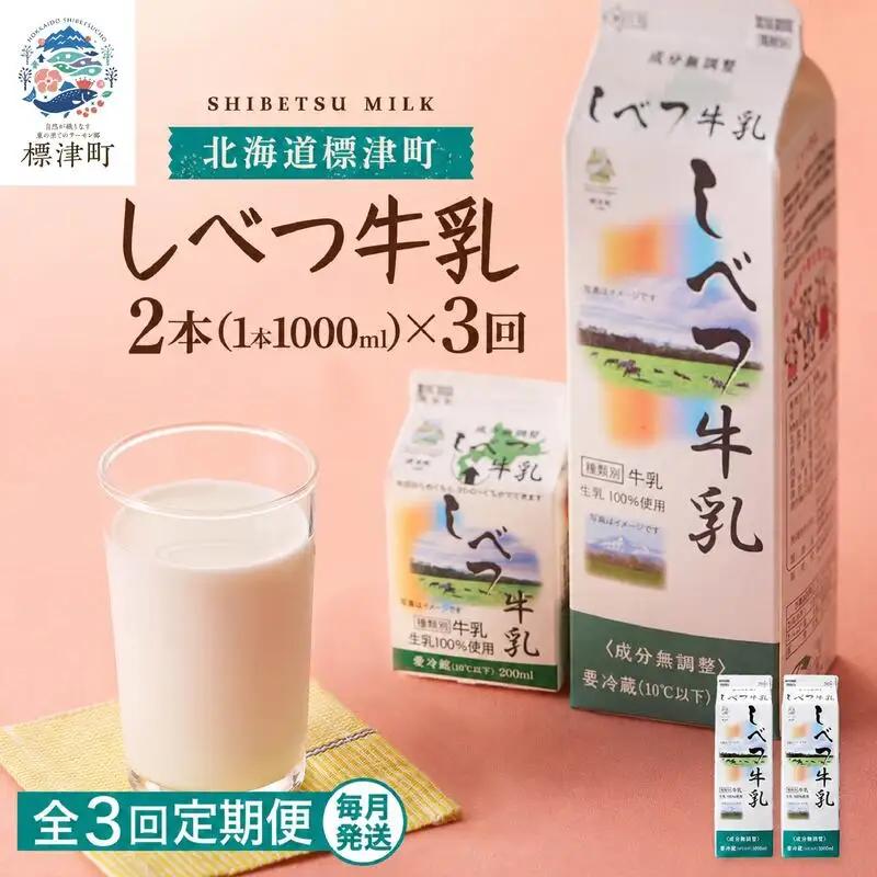 【毎月2本】【3ヶ月定期便】 しべつ牛乳 1L×2本 北海道 パックミルク 牛乳【AE025】