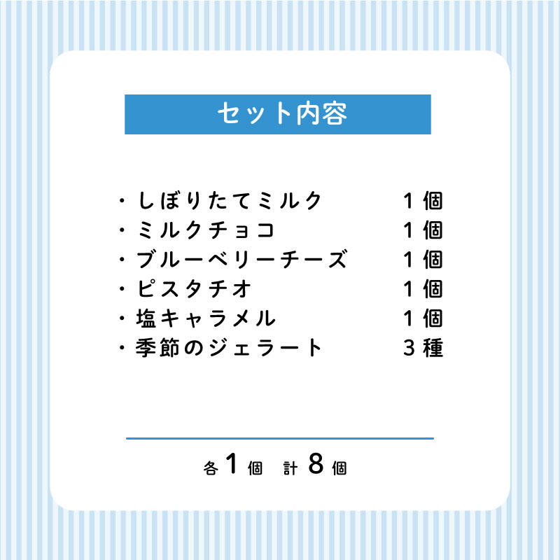なかの牧場なちゅらるじぇらーとセット ８個入  【 ミルク チョコ ブルーベリー チーズ ピスタチオ 塩 キャラメル アイス ジェラート セット 季節 てづくり なちゅらるじぇらーと なかの牧場 8個