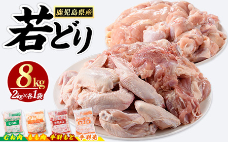 若どりムネ肉・モモ肉・手羽先・手羽元各2kgセット(合計8kg)  鶏肉 小分け 冷凍 鶏肉 もも 鶏もも肉 鶏むね肉 手羽先 手羽元 【まつぼっくり】matu-1454R7