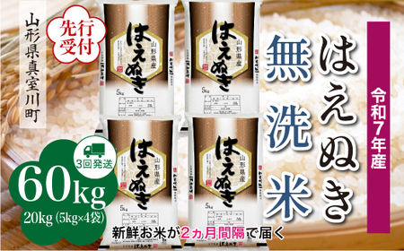 ＜令和7年産米先行受付＞ 令和7年12月下旬より発送 真室川町産 はえぬき【無洗米】60kg定期便(20kg×3回)　◆YYR7H6020M-M2512C