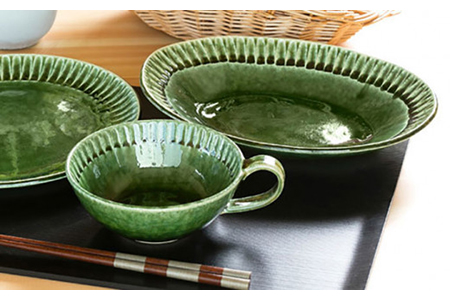 【美濃焼】織部しのぎ ディナーセット【不動窯】食器 プレート スープカップ 深皿 楕円皿 パスタ皿 カレー皿 スープ皿 取り皿 パン皿 ケーキ皿 ペア セット グリーン 緑 陶器 土物 和風 おしゃれ