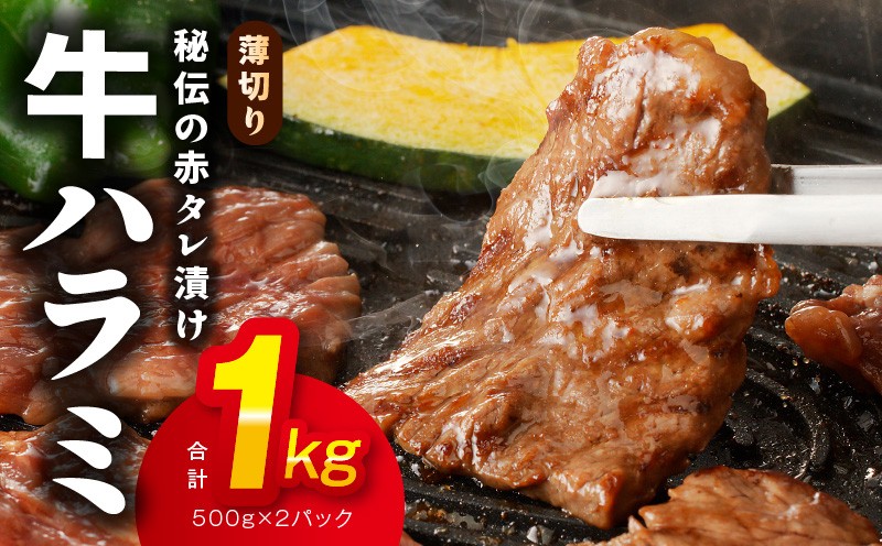 
            牛ハラミ肉 1kg 薄切り スライス【小分け 500g×2 訳あり サイズ不揃い 秘伝の赤タレ漬け 牛肉 焼肉用 焼くだけ 小分け BBQ やきにく 数量限定】
          