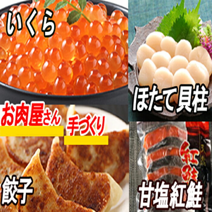 【ふるさと納税】餃子・海鮮3種セット (餃子25個×1P・紅鮭5切×2P・いくら醤油漬け100g×1P・ほたて貝柱200g中小混合サイズ) (餃子25個×2P・紅鮭5切×2P・いくら醤油漬け100g×1P・ほたて貝柱500g大〜小サイズ) 北海道 根室市 イクラ ホタテ 帆立 海鮮
