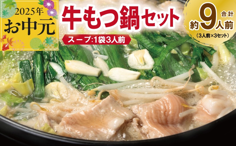 099H3382t 【お中元】 牛もつ鍋セット スープ付 合計約9人前【味付け 小分け 牛肉 ホルモン 醤油ベーススープ 簡単調理 3人前×3セット】