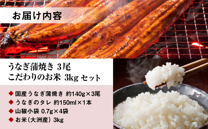 国産うなぎ！秘伝のタレで焼き上げた「うなぎ蒲焼き 3尾」と地元生産者こだわりの「お米 3kg」セット　愛媛県大洲市/有限会社 樽井旅館 [AGAH005]鰻 うな重 ひつまぶし 土用の丑の日 鰻重 ウ