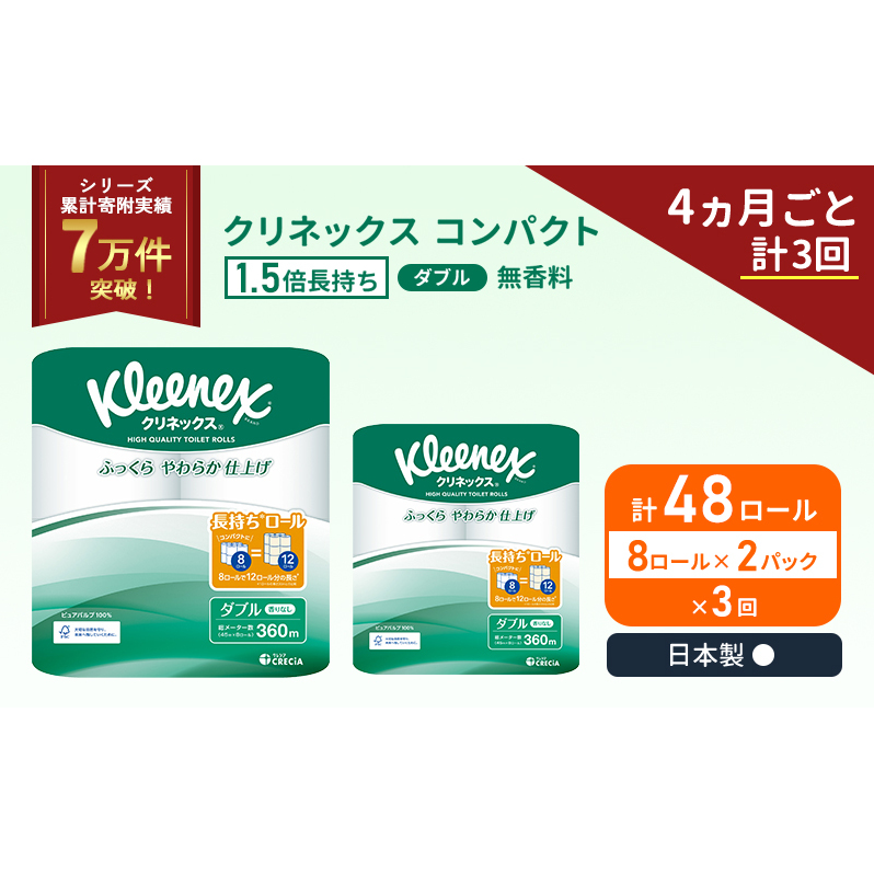 定期便 トイレットペーパー ダブル クリネックス コンパクト 1.5 倍巻き 8ロール入 × 2パック 無香料 《 4ヶ月ごと 計  3回 》