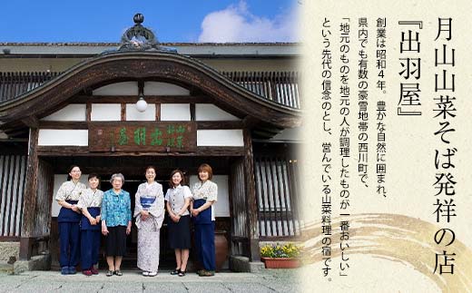 FYN6-162 山菜そば発祥の店『出羽屋』の月山山菜そばセット(2人前) 季節の山菜・具材・たれ付 山菜 さんさい 茸 きのこ キノコ 野菜 具材付 蕎麦 そば ソバ 麺 簡単調理 贈答 贈り物 ギ