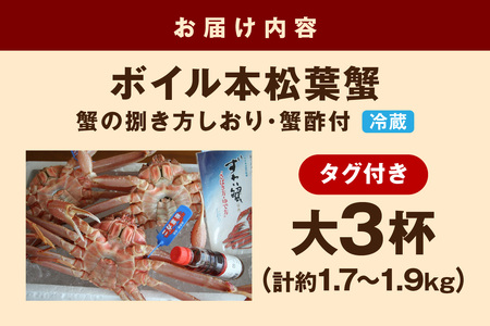【 国産日本海の松葉蟹をボイルでお届け！ 】【先行予約】 ボイルでお届け。ボイル本松葉蟹 大3杯（タグ付き）＜12月10日～2月末までのお届け＞ カニ 魚介類 海の幸 カニ 年内配送 年末年始配送 【