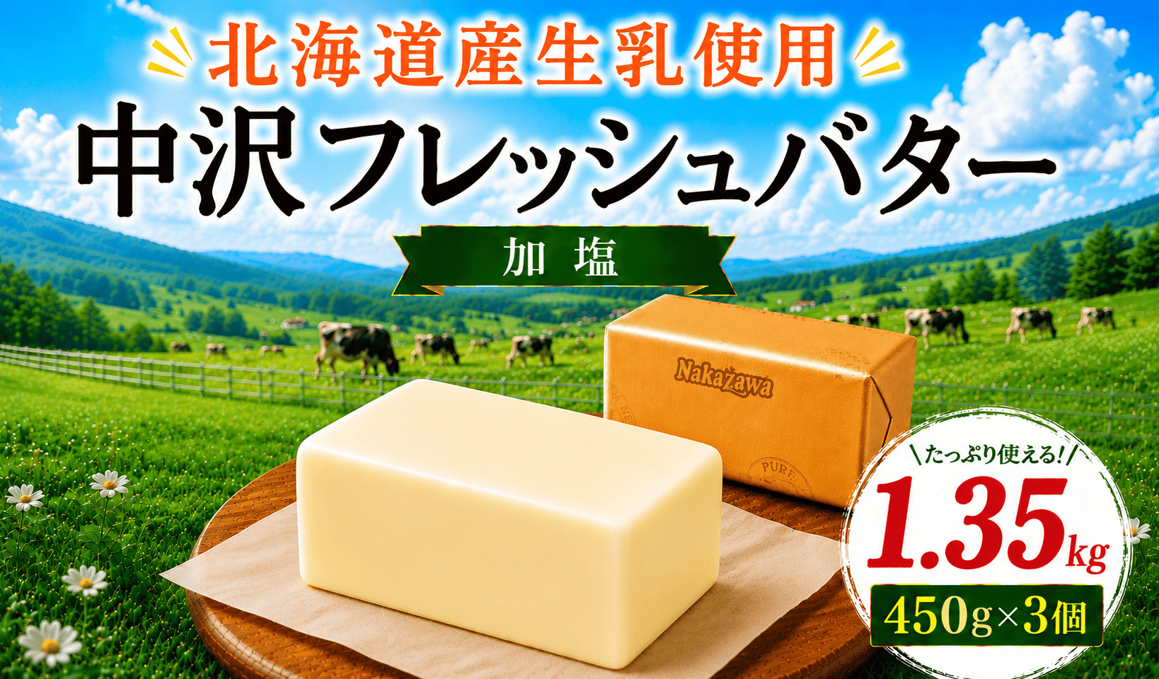 加塩フレッシュバター 450g × 3個 計1.35kg 北海道 中沢乳業 藤沢市